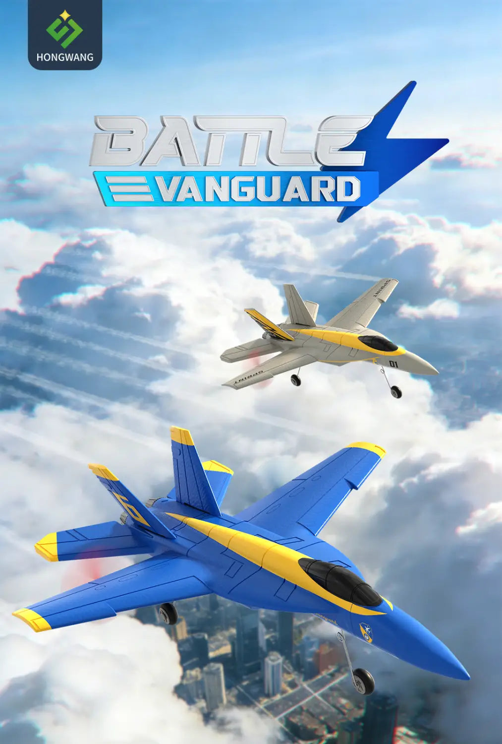 Blue and yellow remote control F18 Hornet foam glider jet with black cockpit canopy designed for aerial flying.