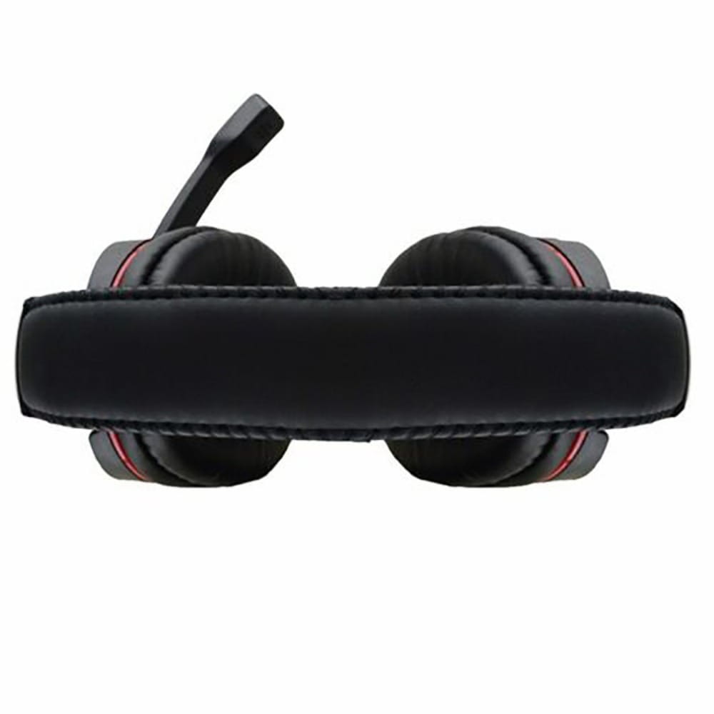 Auriculares para juegos con cable negros supraaurales para PC y PS4, con diadema acolchada, micrófono y ribete de acento rojo en las copas.