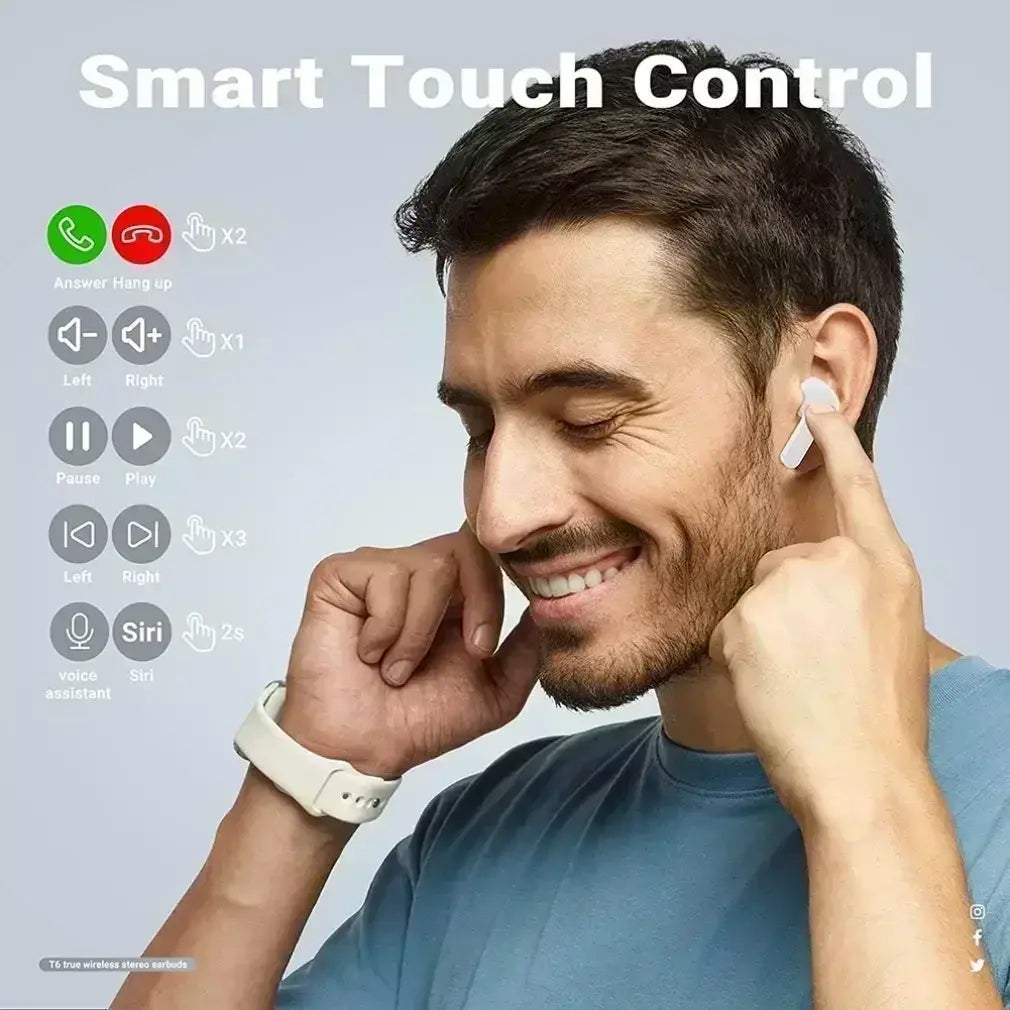 スマートタッチ操作機能とBluetoothチップを備え、充電ケースとともに示された、利便性の高い電源管理のためのホワイトのワイヤレスイヤホン。