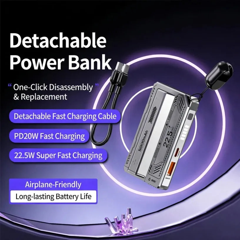 New Portable Fast Charging Removable Lithium Battery 22.5W Super Power Bank 5000 Comes with Cable Mobile Power Bank