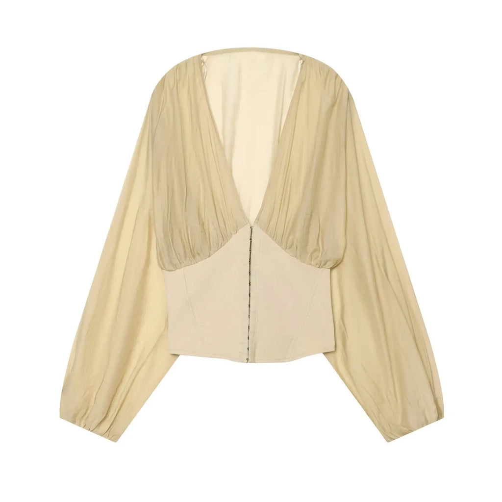 Women's Shirt New 2026 Summer Casual V Neck Long Sleeve Women Corset-Style Combined Blouses & Shirts Chic Female Tops