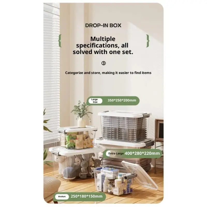 Boîte de rangement en plastique transparent avec couvercle et loquets, en taille moyenne, grande taille environ et tailles extra-grandes, avec une matière plastique transparente et un couvercle de boîte blanc, pour un rangement organisé.