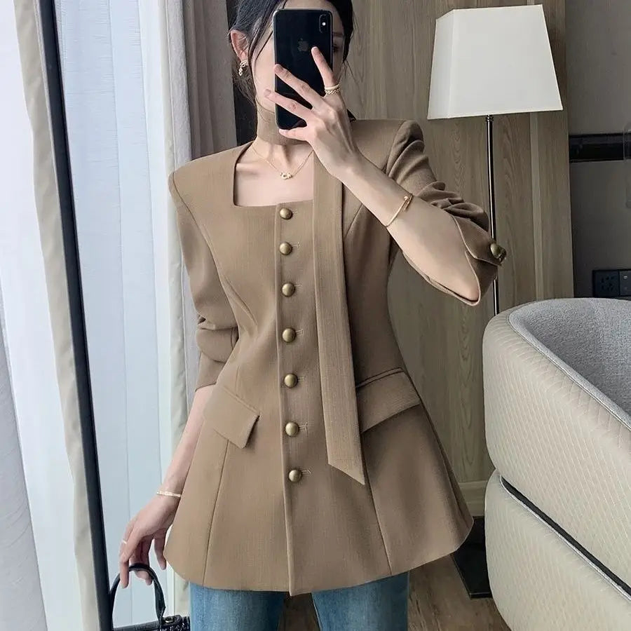 Women's Blazer 2025 Spring and Autumn New Style High-end Elegant Waist-cinching Square Collar Small Blazer