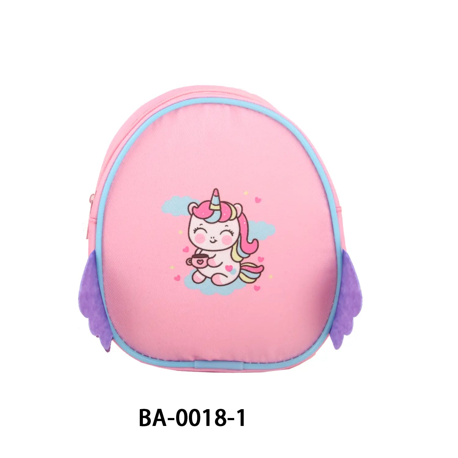 Rosa Einhorn-Themen-Mini-Puppenrucksack mit hellblauem Besatz und violetten Flügelakzenten, entworfen als niedliches Cartoon-Reiseetui-Accessoire