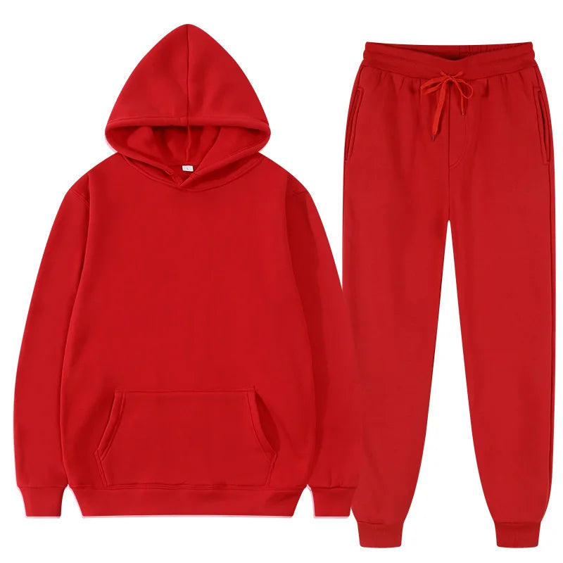 Winter Hoodie Sets Men Fashion Fleece Red Hoodies Black Brand Pants Casual Jogger Suit Tracksuit Sweatshirt Woman Pullover