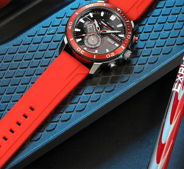 Megir men chronograph quartz sport watch with a red silicone strap, black dial, silver-toned case, and red bezel.