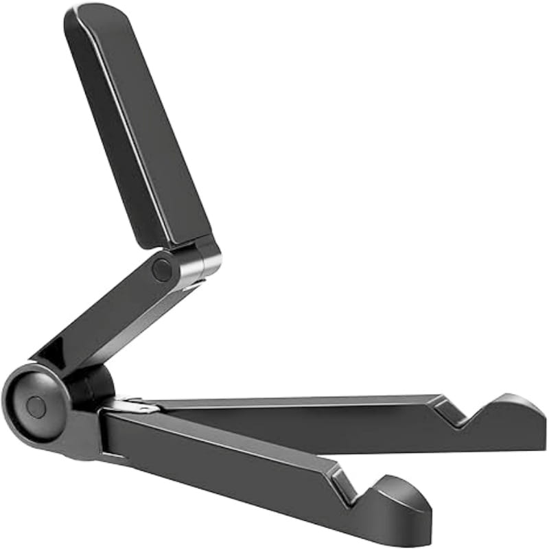 Black foldable tablet phone stand with a sleek minimalist design and metallic joints for use as an adjustable desk holder for portable monitor and tablet phone stand.