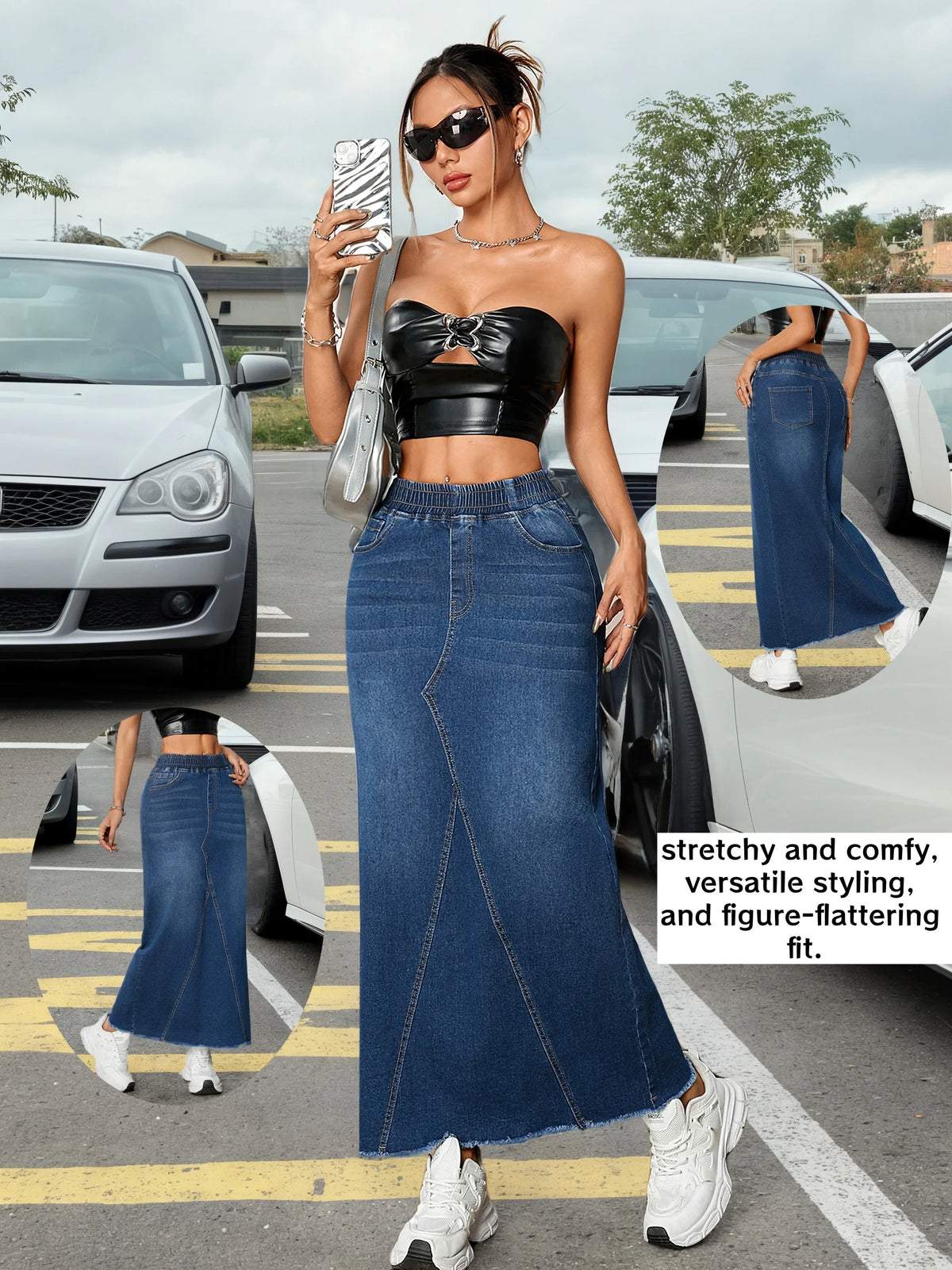 Women's Versatile Straight Leg Denim Skirt Casual Elastic Waistband Frayed Hem Stretchy Jeans Long Skirt