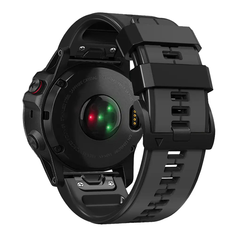 Schwarzes Garmin Fenix Silikonarmband mit robustem, strukturiertem Gurt und einem kreisförmigen Sensorgehäuse mit roten und grünen Lichtern, entwickelt für Garmin Forerunner-Modelle.