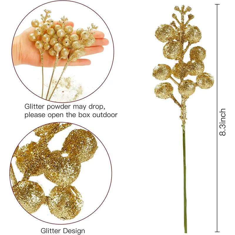 golden glittery berry branch with a slender green stem in a 20pcs christmas decoration glitter flower bouquet for festive decor