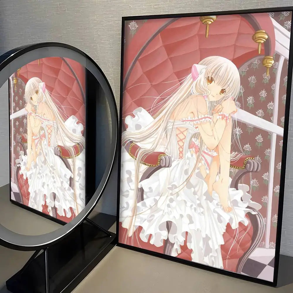 a framed kawaii girl cute anime wall art print poster featuring a blonde-haired girl in an ornate white lace and ruffle gown set against a red quilted background.
