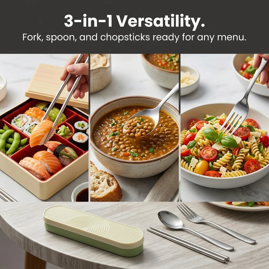 Stainless Steel Cutlery Set Spoon and Chopsticks Forks Set with Organizer Portable Travel School Camping Tableware Silverware