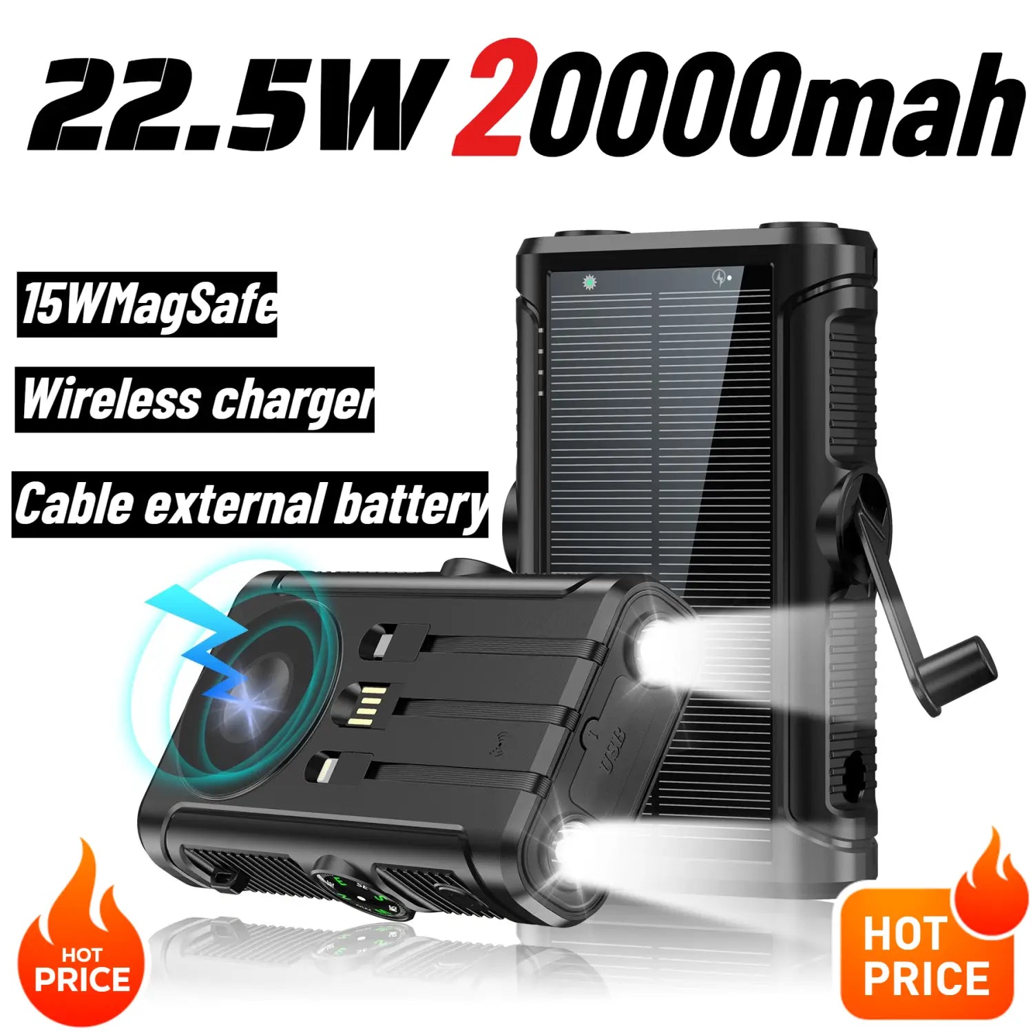 schwarze, robuste Solar-Powerbank mit 20.000-mAh-Kapazität und eingebauter Taschenlampe für das Aufladen im Freien und den Notfalleinsatz
