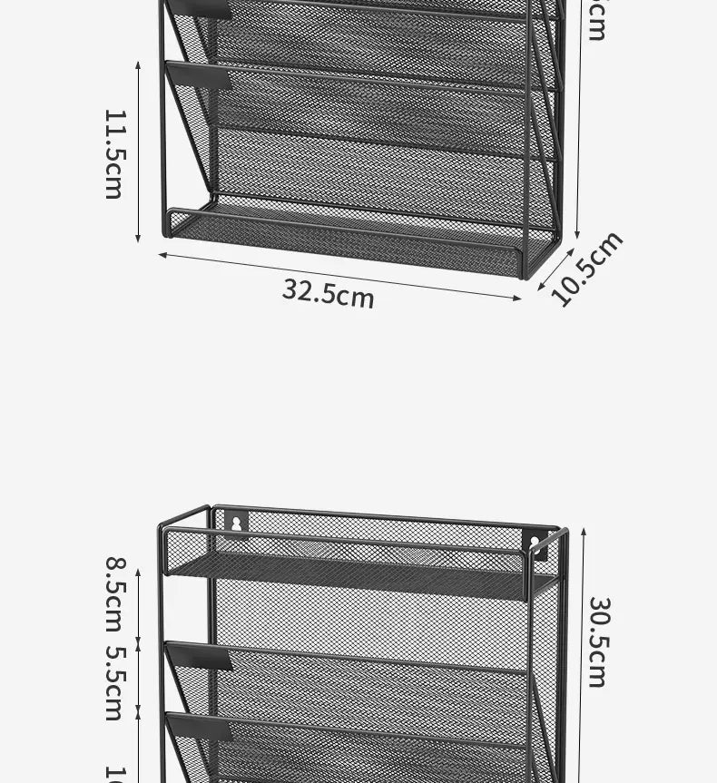 black metal mesh document organizer with three compartments and adjustable dividers for wall mount use in white five-tier design