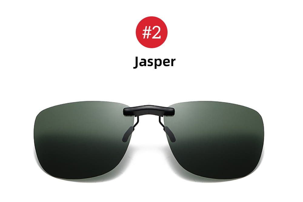 black clip on sunglasses with dark green gradient polarized lenses designed for night vision use