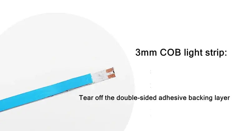Una tira LED COB azul de 3 mm ultrafina, con contactos de cobre expuestos y respaldo adhesivo de doble cara, para decoración doméstica DIY, incluidos accesorios con cabezal DC de 2 pines.