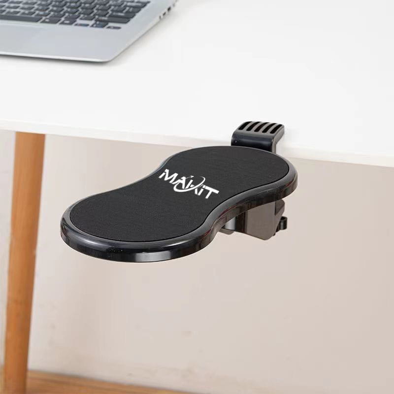 Ergonomic desk armrest extender black by maikit featuring a smooth curved surface and adjustable clamp for ergonomic support.