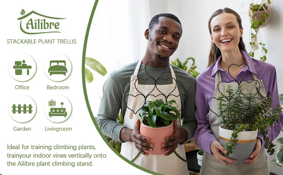 Soporte metálico para plantas apilable tipo corazón con diseño de alambre negro, ideal para plantas trepadoras y accesorios para plantas.