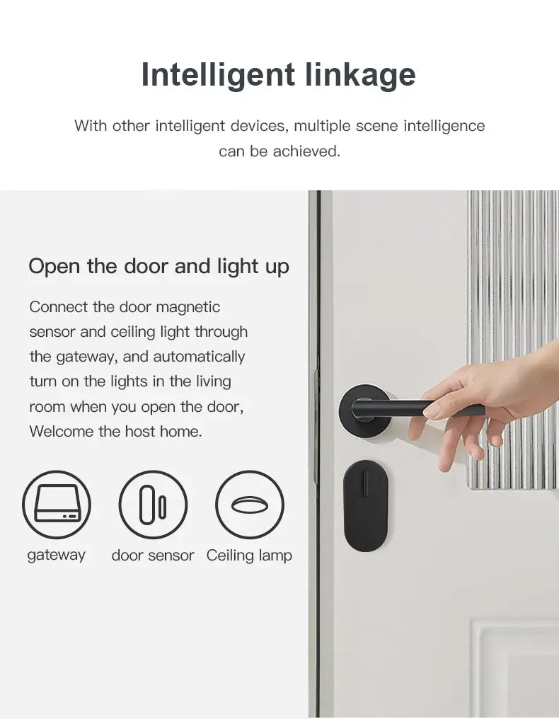 Schwarzer zylindrischer Tür-Magnetkontakt-Sensor mit schlankem minimalistischen Design, neben einem modernen Türgriff montiert, als Teil eines Multi-Mode-Gateway-Hubs zur Smart-Life-Integration.