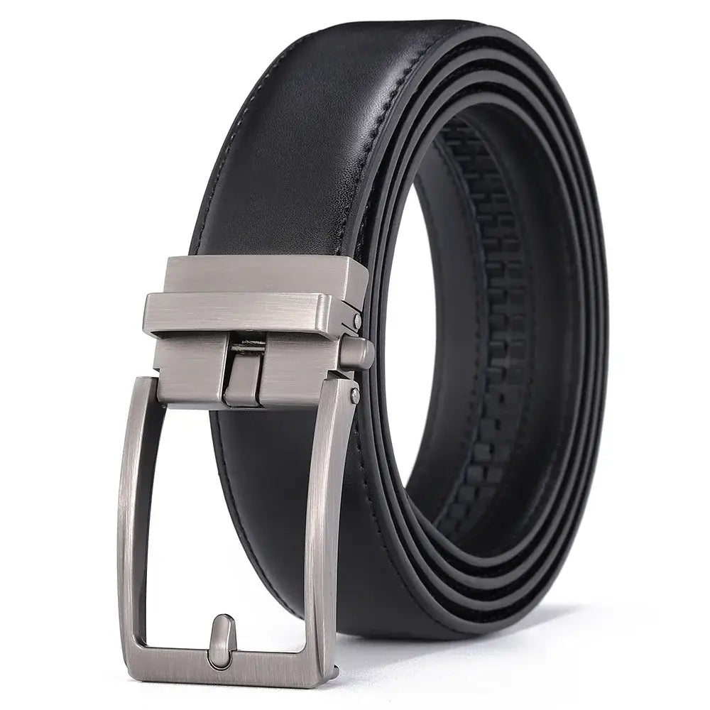 Black leather mens belt with a sleek brushed silver-toned automatic buckle.