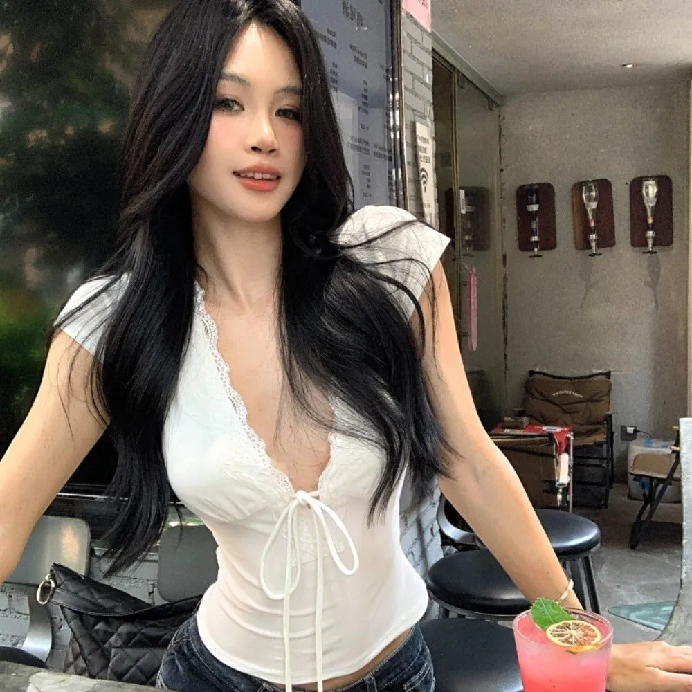 Chic V Neck Slim Crop Tops Short Sleeve Sweet Bottoming T-shirt Lace Elastic Camisole Streetwear women's t-shirts and polos