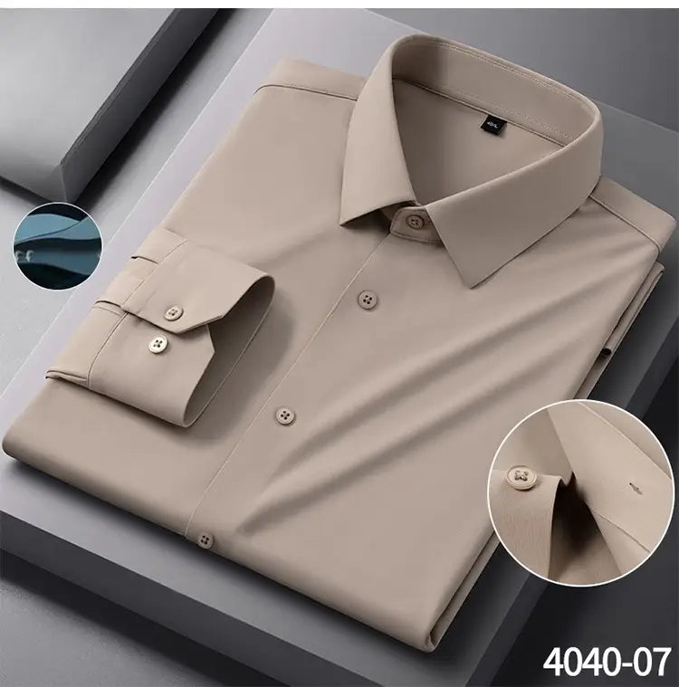 Beige men’s slim fit nylon formal dress shirt with long sleeves, classic collar, and buttoned cuffs.