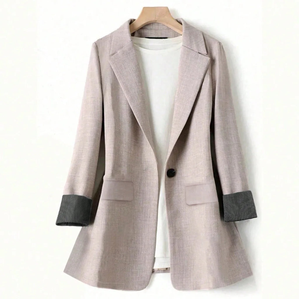 Women's Blazer Single Button Office Jacket Autumn 2026 Loose Fit Woven Fabric with Striped Cuff Lapel Collar Suit Outerwear