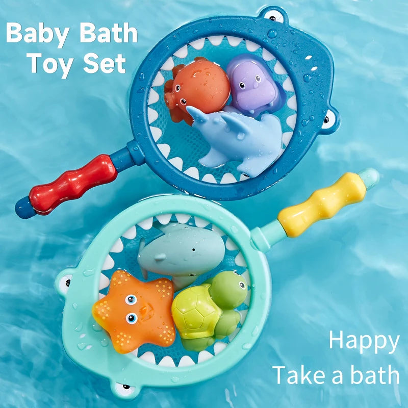 Baby Bath Toys Cute Animals Bath Toy Water Spray Bath Toys Swimming Toys Kids Floating Bath Toys with Fishing Net Fishing Toys