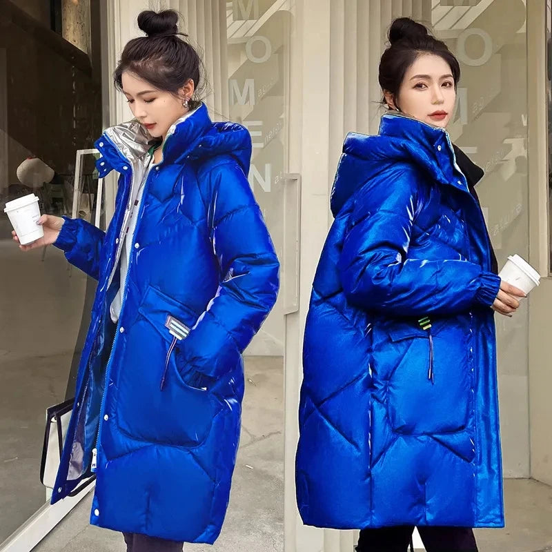 2026 Fashion New Bright Fabric Thick Warm Winter Jackets Women's Cotton Padded Coats Mid-Length Women Parkas Female Outerwear