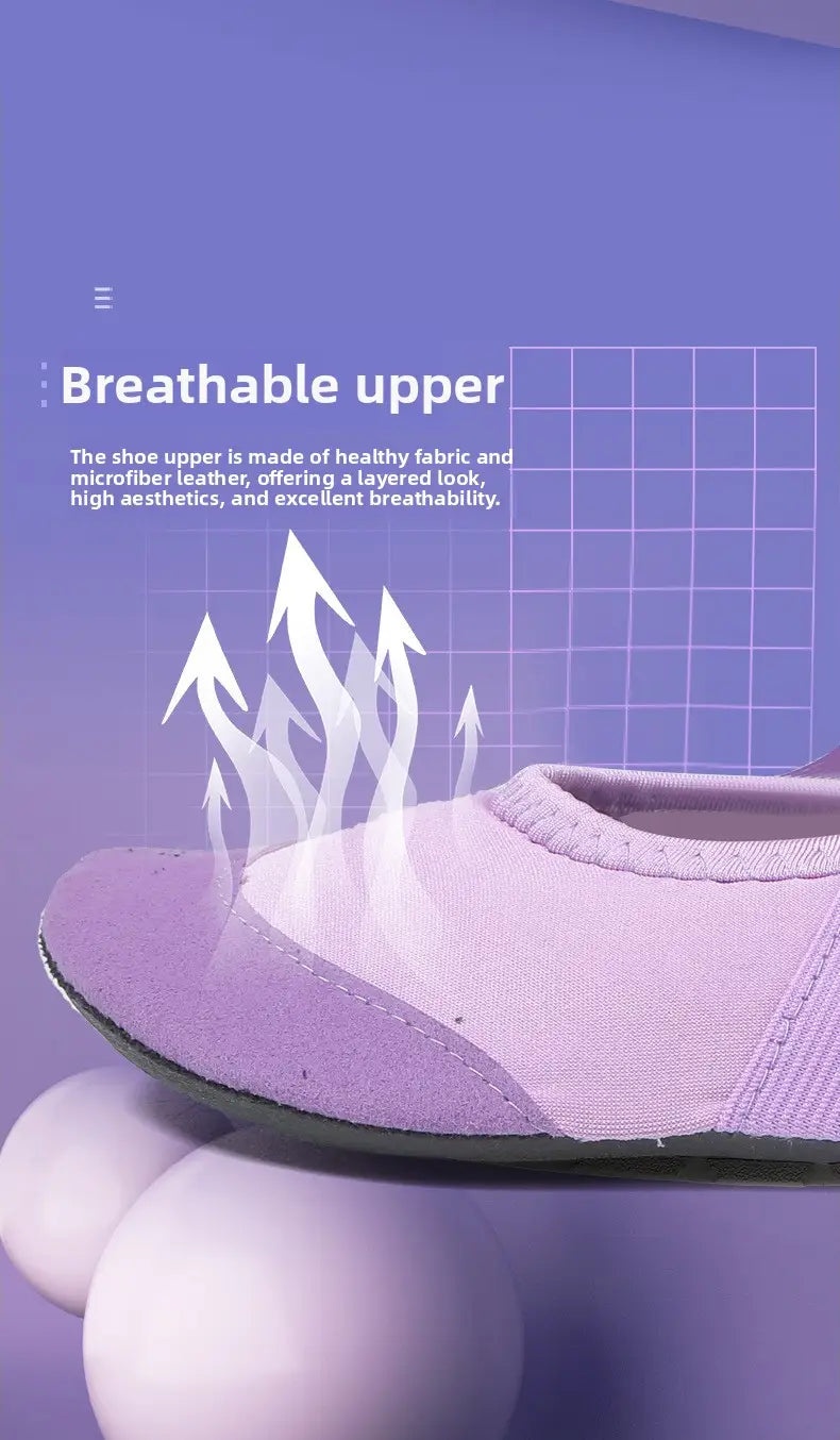 purple breathable women yoga shoes with anti-slip fitness flats featuring a layered design of healthy fabric and microfiber leather upper