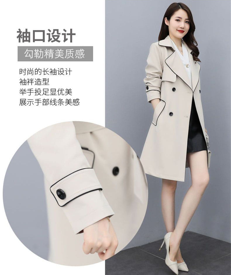 Beige women double breasted trench coat with black trim and button details ideal for stylish outerwear.