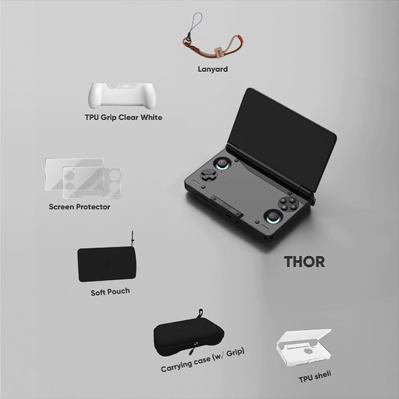 Black Ayn Thor Handheld-Gaming-Konsole mit beleuchteten Bedientasten und elegantem, kompaktem Design zusammen mit Zubehöretui und TPU-Griff-Set