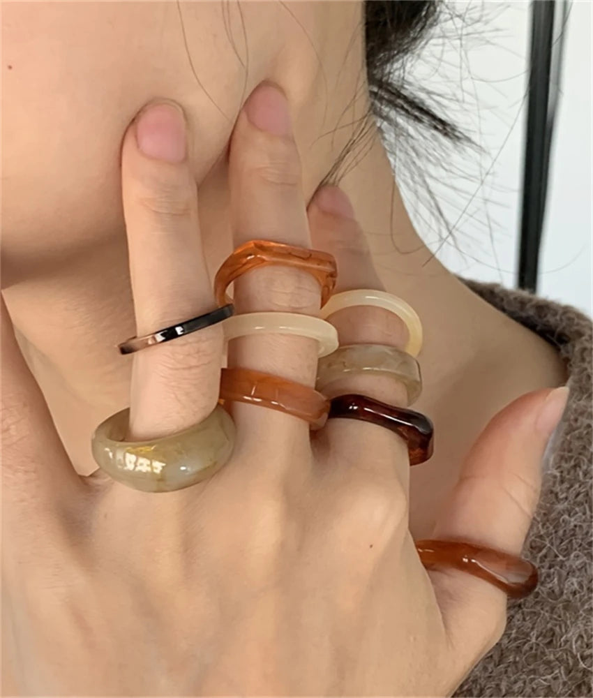 9-piece Bohemian retro style resin material multi-color ring, fashionable and elegant for women, can be stacked and worn