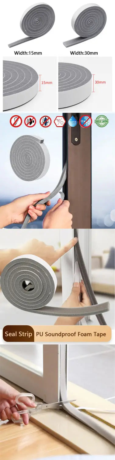 Gray pu soundproof foam weather stripping tape with a black adhesive side shown in 15mm and 30mm rolls designed for soundproofing applications.