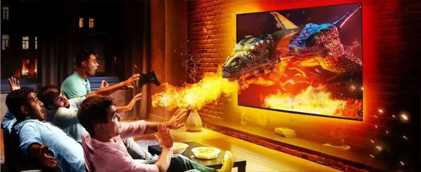 a sleek wall-mounted led tv displaying a vibrant dragon battle scene with fiery effects enhanced by a style smart led tv backlight strip for rgb ambient lighting