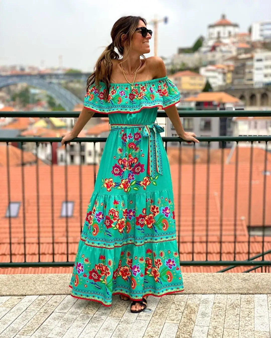 Beach Holiday Party Traditional Ethnic Wear Off Shoulder Floral Print Women Mexican Dress