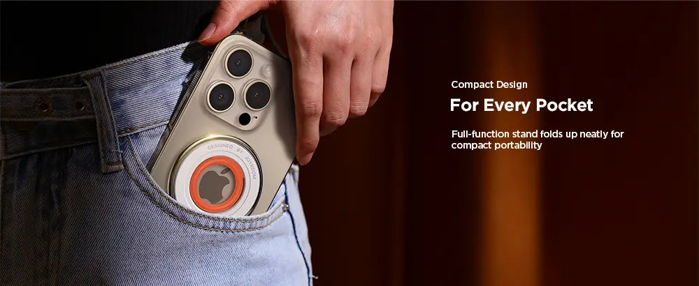 Parte trasera del iPhone plateado con un anillo circular para teléfono naranja y blanco con una característica especial para portabilidad compacta y uso como soporte.
