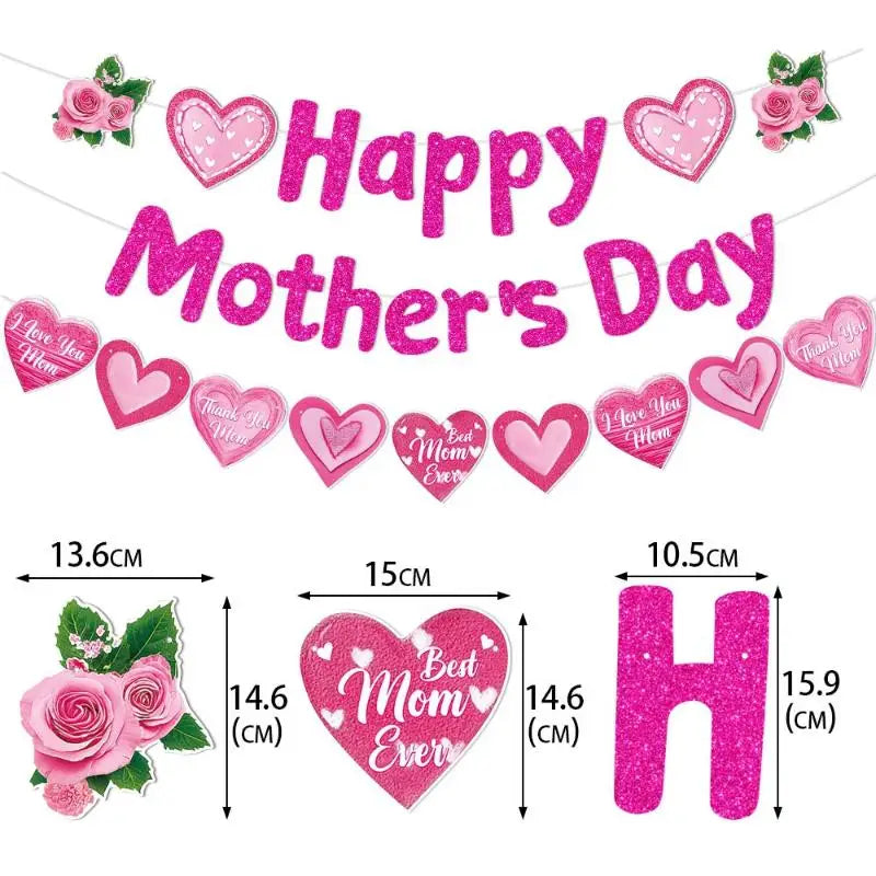 Mother's Day Banner Happy Paper Pendant Pink Party Decoration Heart Flower Mom Garlands Gift