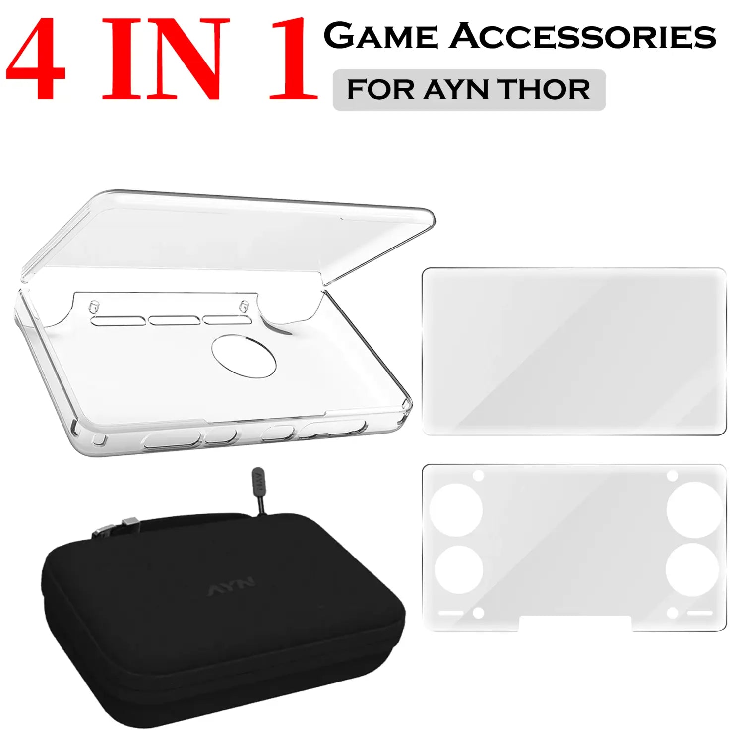 clear protective case for ayn thor game console with matching screen guards and black carrying pouch in ayn thor 4-in-1 accessories combo kit
