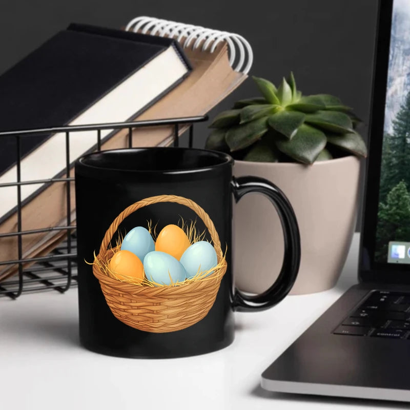 Easter coffee mug, black basket with colorful egg design, suitable for spring and holiday mornings