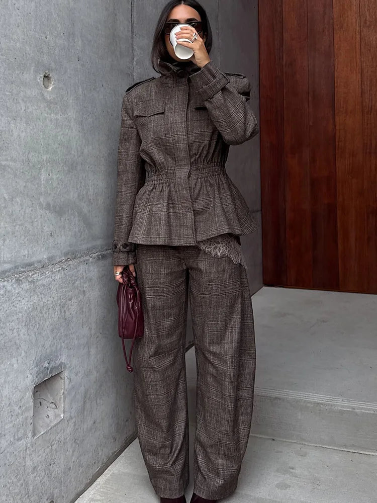 HH Women's Winter Fashion Versatile Wool blend Plaid Ruffled Hem Jacket+Series Wool Plaid Balloon Version Casual Long Pants Suit