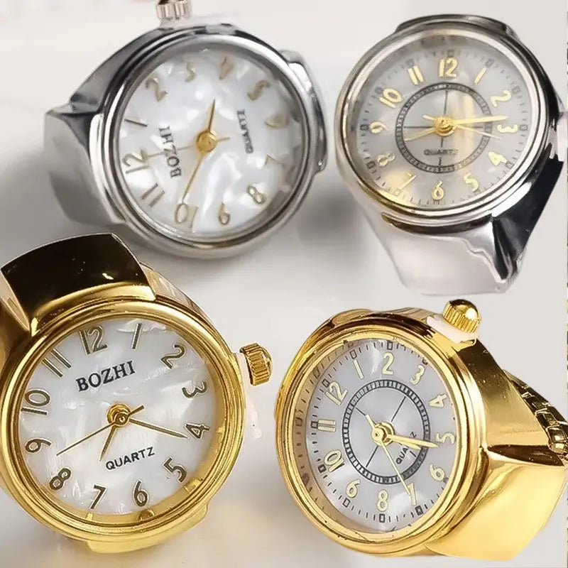 Silver and gold-toned ring watch quartz finger jewelry featuring bozhi quartz with mother-of-pearl faces and metallic bands designed as unisex gifts.