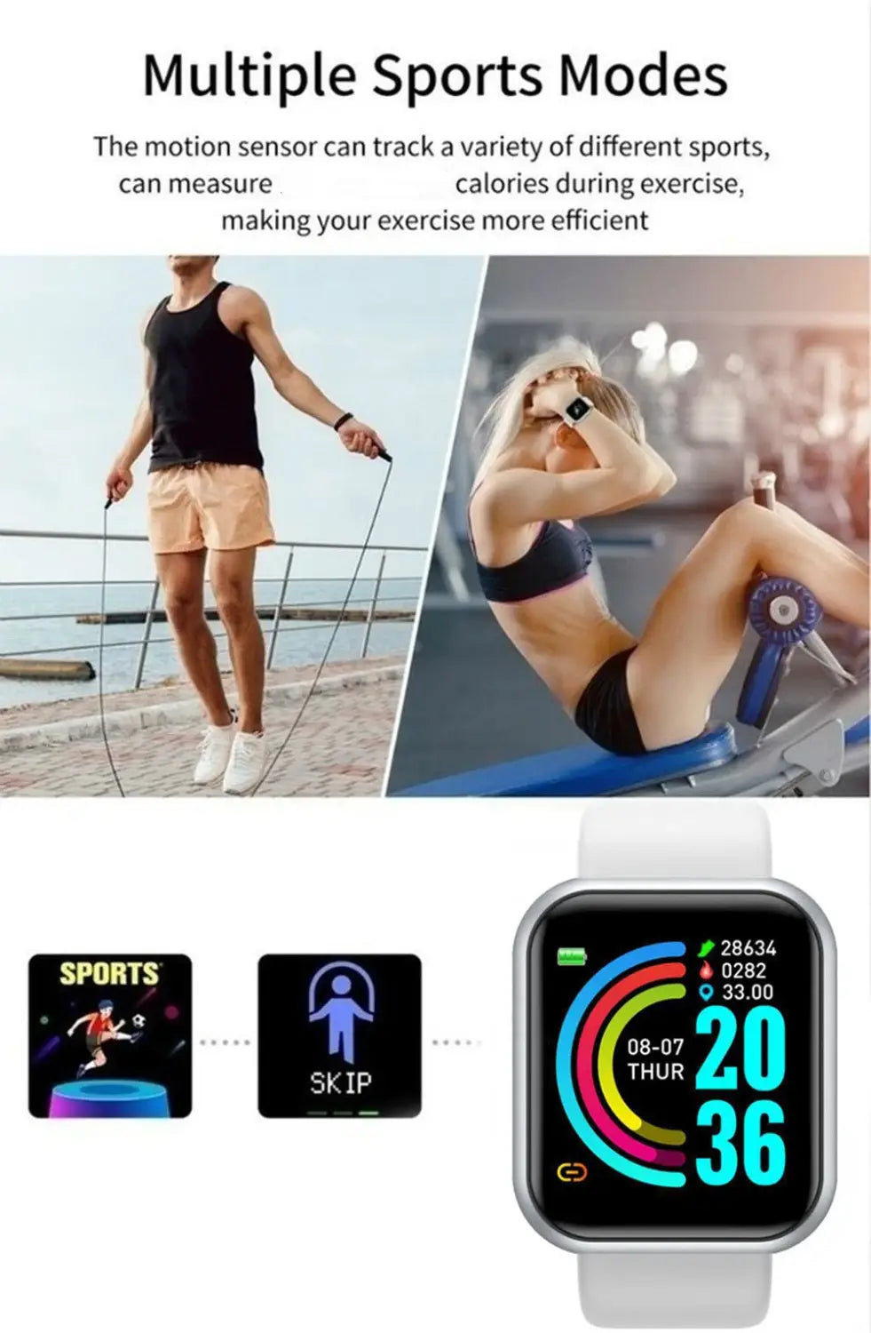 White smart fitness watch with a rectangular screen displaying colorful fitness metrics and heart rate monitor, featuring a matching white band.