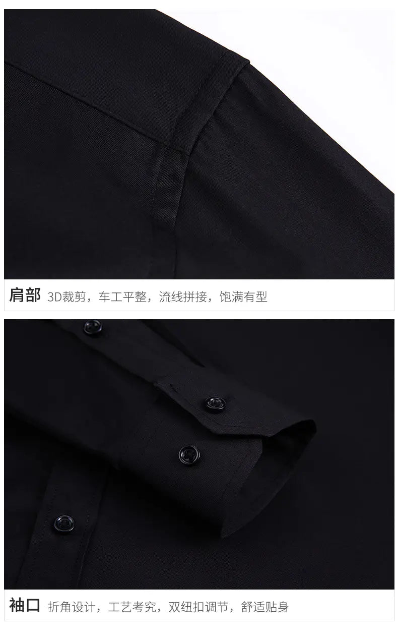 Black men’s dress shirt with 3d tailored shoulders and fold-over cuff design suitable for casual long wear and club party business office settings.