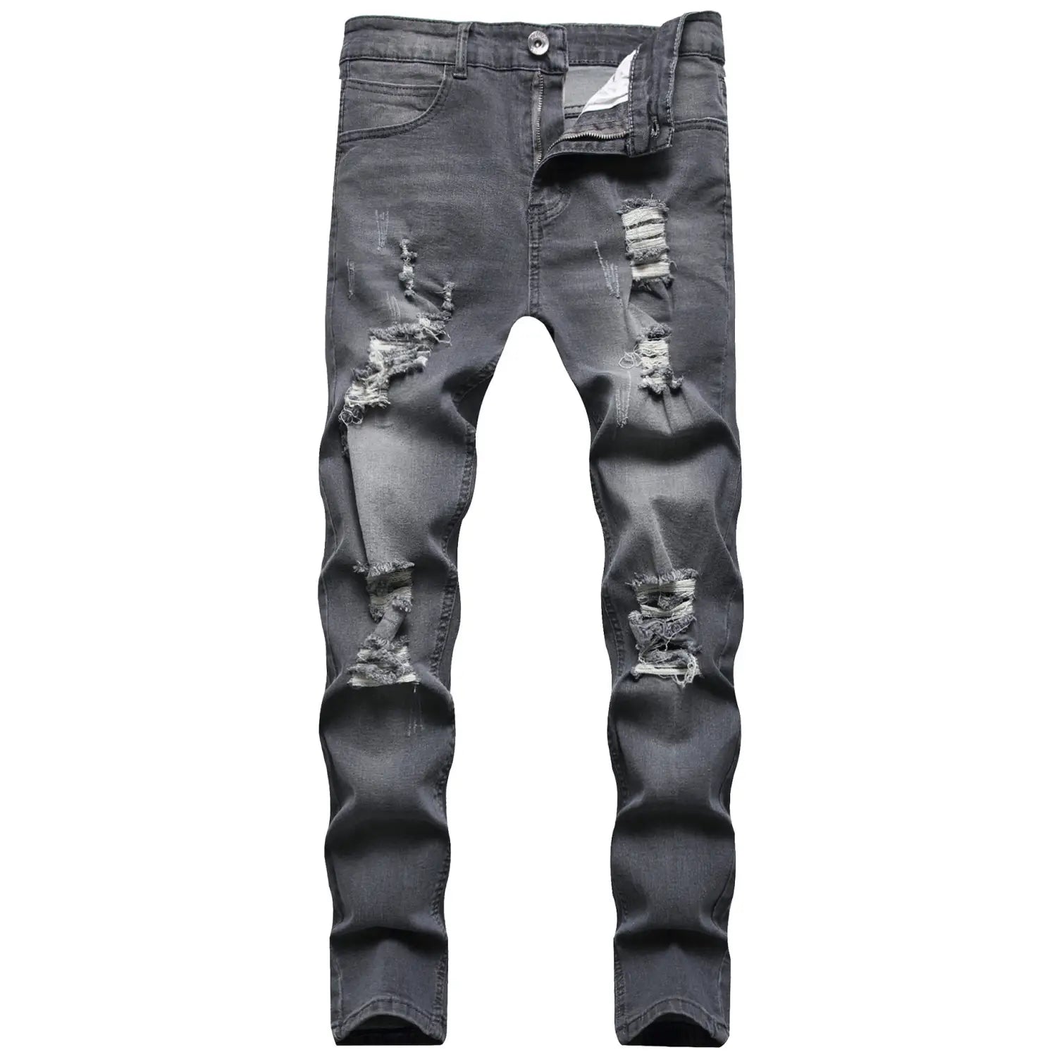 Männer rissen schmale Jeans aus dunklem grauem, distressed Denim mit gezielten Rissen und ausgefransten Kanten.