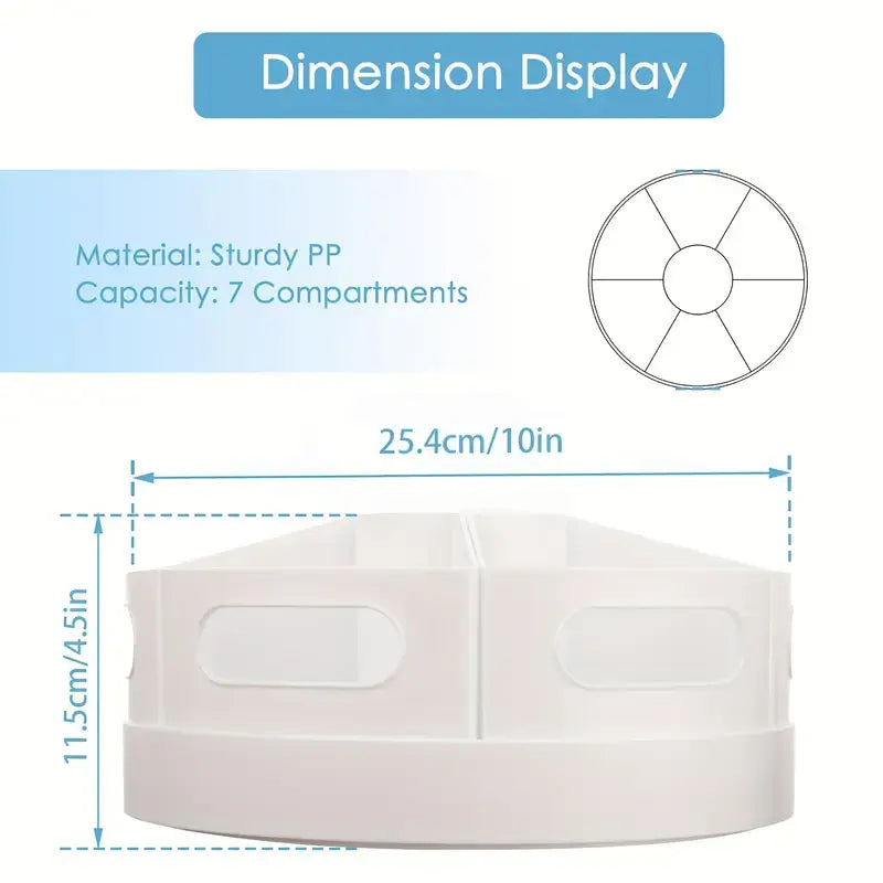White plastic rotating desk organizer with seven compartments and a circular design for holding stationery items.