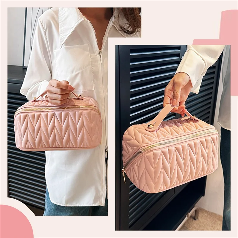 Leather Travel Makeup Bag Large Capacity Toiletry Bag Organizer For Women With Waterproof Interior Pocket, Easy To Use White-AT6