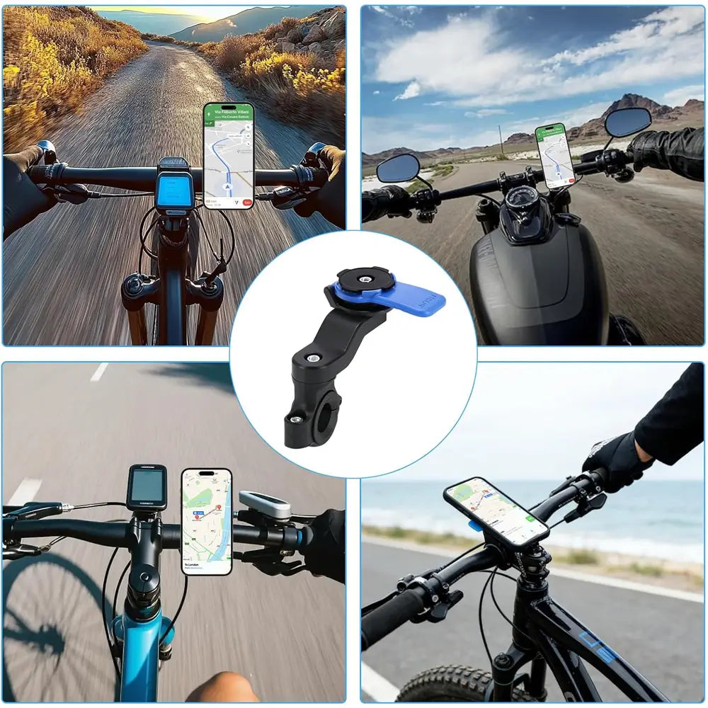 Black and blue magnetic bike phone mount with adjustable handlebar clamp for securing smartphones and GPS devices.