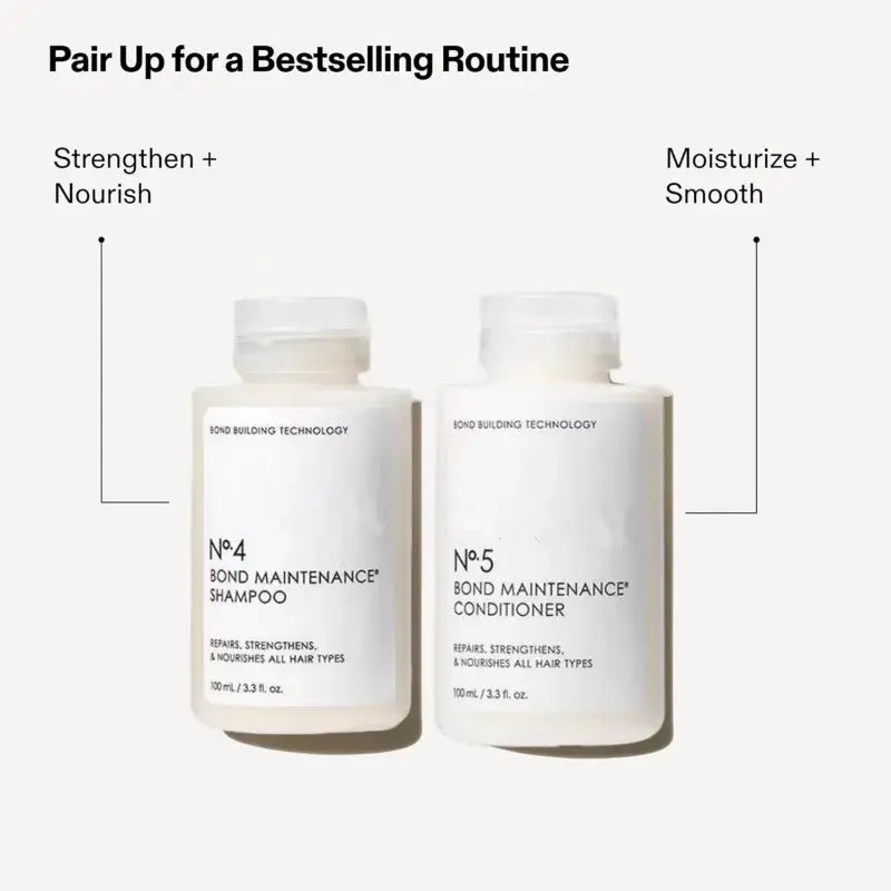 Two white bottles of bond maintenance shampoo and conditioner with minimalist black labeling from the hair care series designed for frizz repair split ends and control frizz repair.