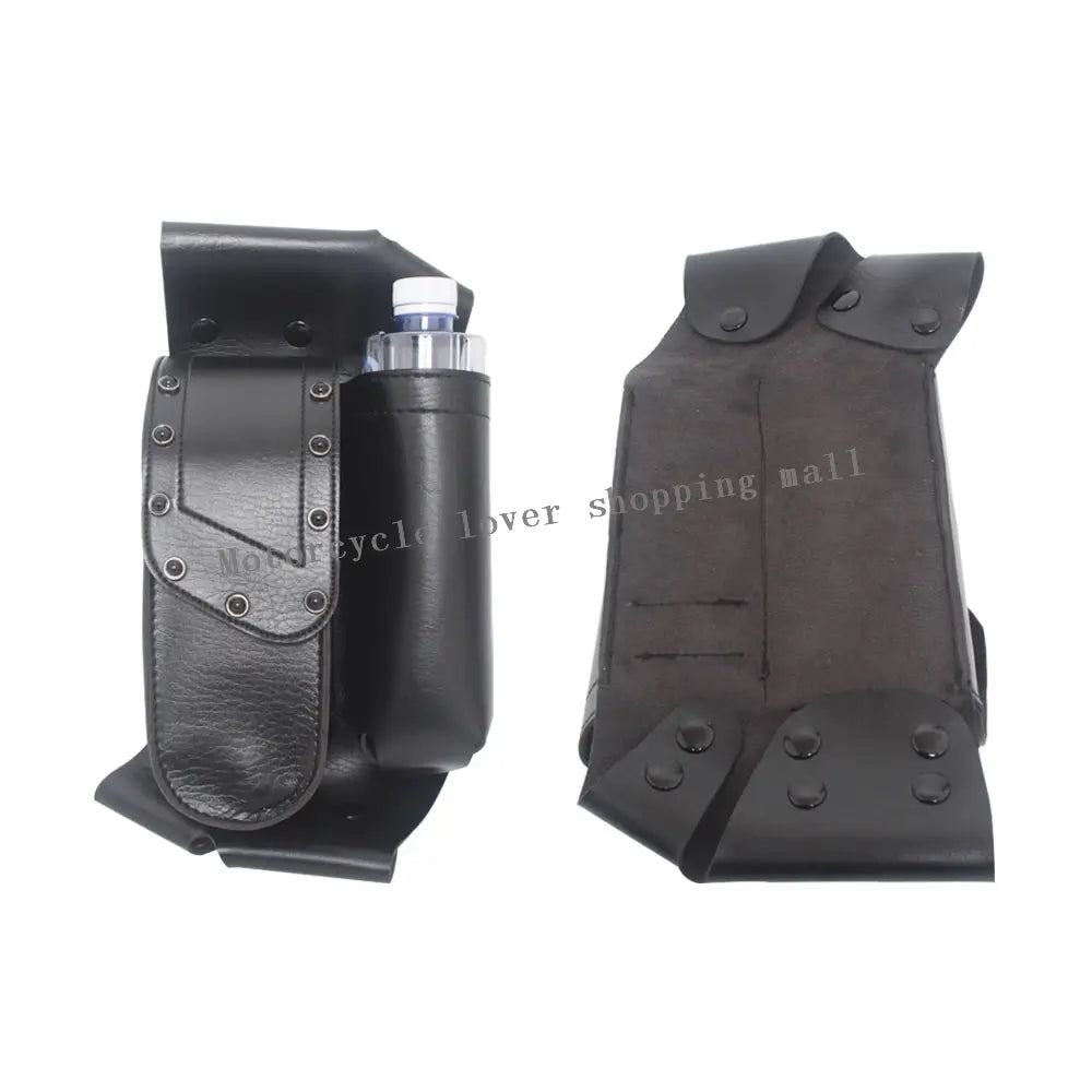 black leather Harley touring saddlebag guard bag made of pu leather with reinforced stitching and metal rivets featuring a side pocket holding a water bottle